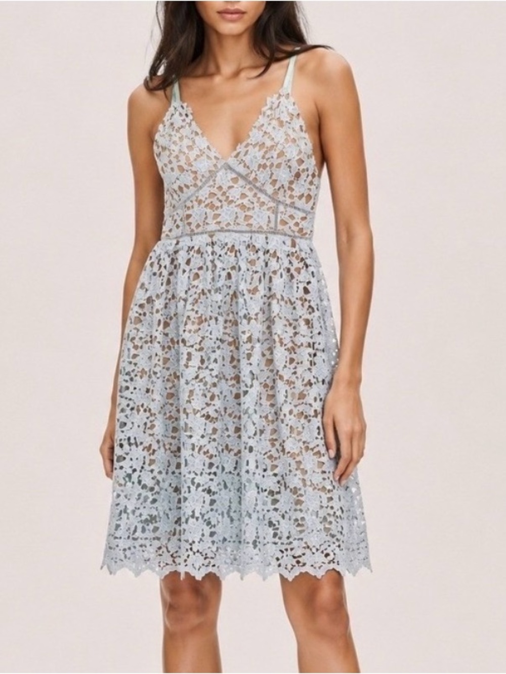 Lace Fit & Flare Light Blue Midi Dress |Guipure Lace Adjustable Straps | Large